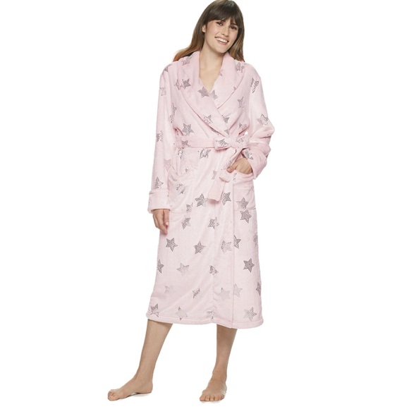 Long pink Plush Robe metallic silver stars small NWT - Picture 9 of 9